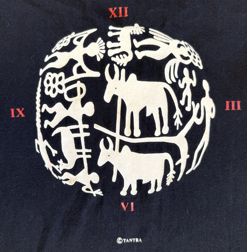 Vtg Tantra India T-shirt XL Y2K Warli Tribal Art Black Graphic Indian Folk Art